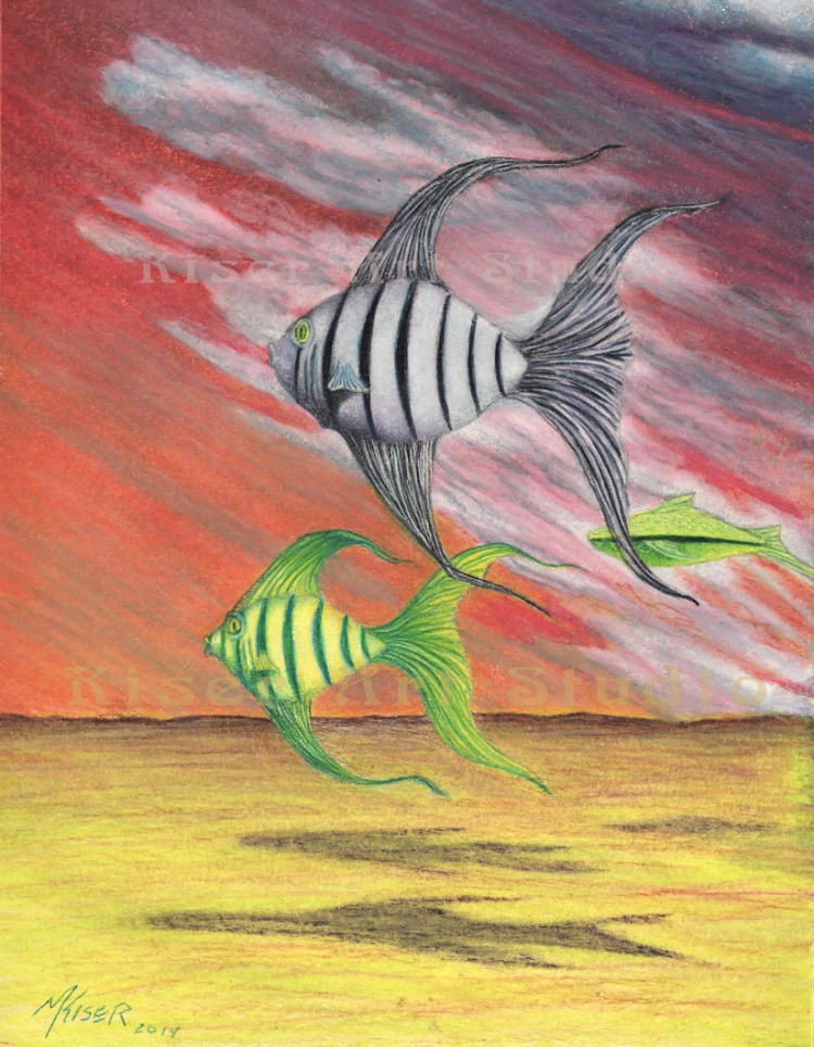 Prismacolor pencil drawing, Flyfishing Preliminary, by Marty Kiser